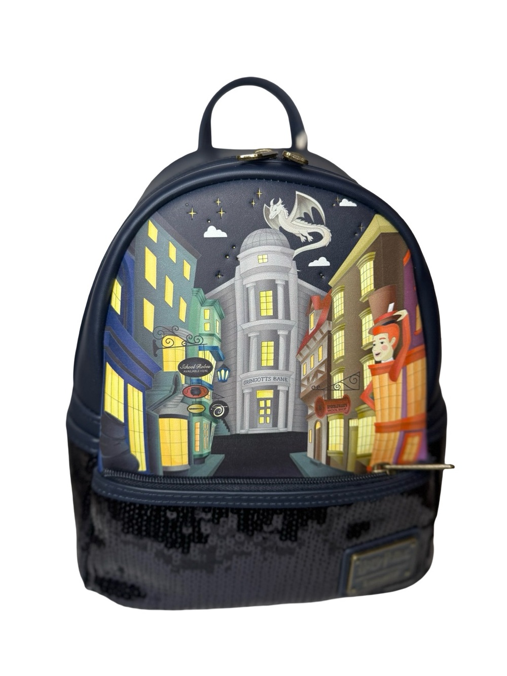 Loungefly Navy Blue Wizarding Alley Mini Backpack with Nighttime Cityscape